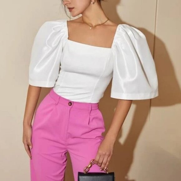 Puffed sleeved square neckline blouse top white - Picture 1 of 7